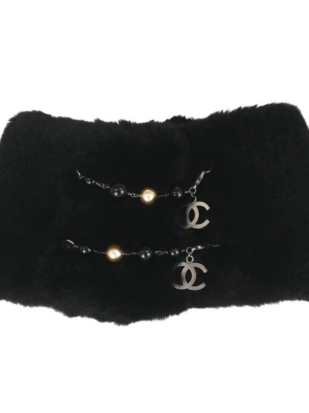Chanel Lapin Fur Shawl Muffler Stole Black Artificial Pearl Small Good 179376
